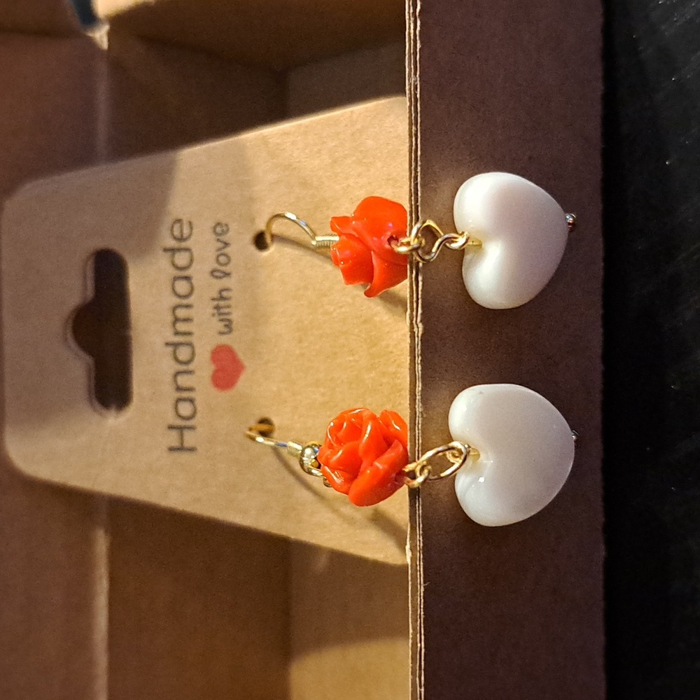 Mother of Pearl Heart and Red Cinnabar Rose Earrings Set in 14K Gold